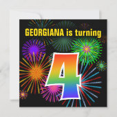 Invitation Fun Fireworks + Rainbow Motif "4" Anniversaire # (Devant)
