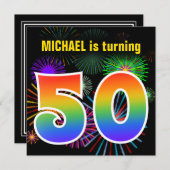 Invitation Fun Fireworks + Rainbow Motif "50" Anniversaire # (Devant / Derrière)