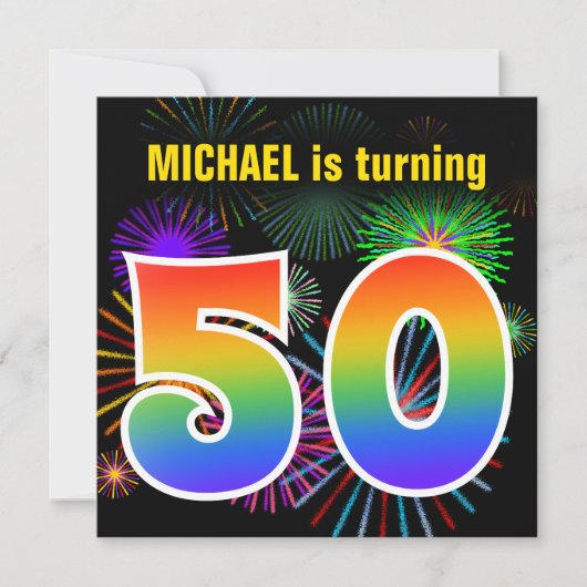 Invitation Fun Fireworks + Rainbow Motif "50" Anniversaire # (Devant)