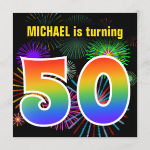 Invitation Fun Fireworks + Rainbow Motif "50" Anniversaire #