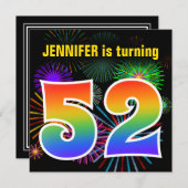 Invitation Fun Fireworks + Rainbow Motif "52" Anniversaire # (Devant / Derrière)