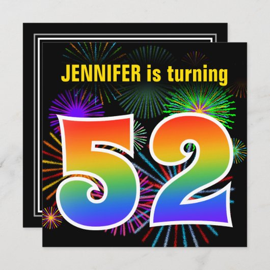 Invitation Fun Fireworks + Rainbow Motif "52" Anniversaire # (Devant / Derrière)