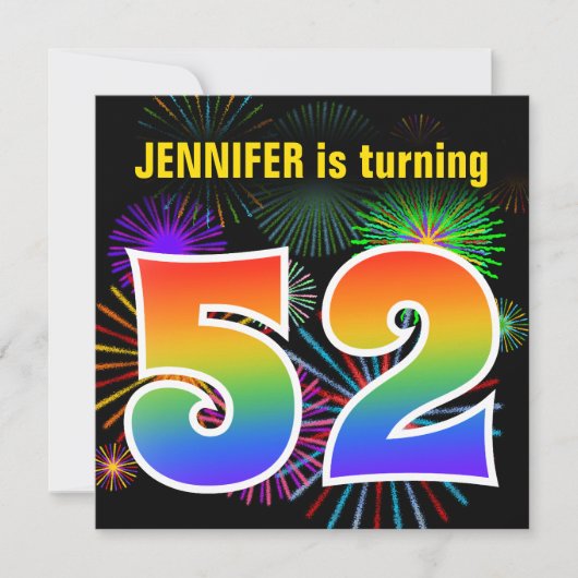 Invitation Fun Fireworks + Rainbow Motif "52" Anniversaire # (Devant)