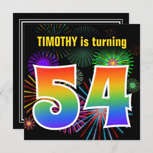 Invitation Fun Fireworks + Rainbow Motif "54" Anniversaire # (Devant / Derrière)
