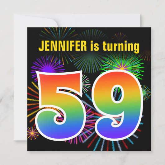 Invitation Fun Fireworks + Rainbow Motif "59" Anniversaire # (Devant)