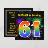 Invitation Fun Fireworks + Rainbow Motif "61" Anniversaire # (Devant / Derrière)