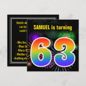 Invitation Fun Fireworks + Rainbow Motif "63" Anniversaire # (Devant / Derrière)