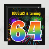 Invitation Fun Fireworks + Rainbow Motif "64" Anniversaire # (Devant / Derrière)