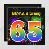 Invitation Fun Fireworks + Rainbow Motif "65" Anniversaire n° (Devant / Derrière)