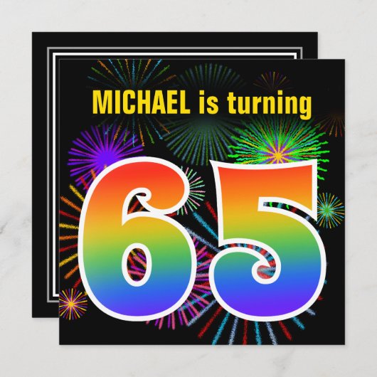 Invitation Fun Fireworks + Rainbow Motif "65" Anniversaire n° (Devant / Derrière)