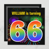 Invitation Fun Fireworks + Rainbow Motif "66" Anniversaire # (Devant / Derrière)