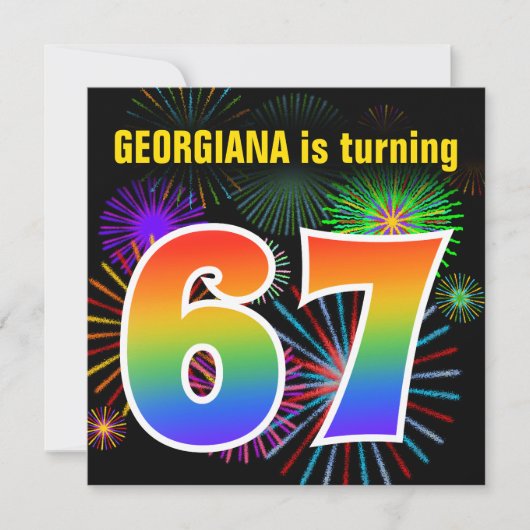 Invitation Fun Fireworks + Rainbow Motif "67" Anniversaire n° (Devant)