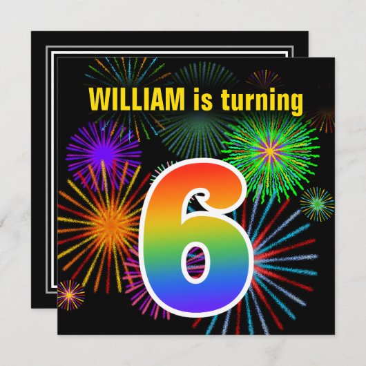 Invitation Fun Fireworks + Rainbow Motif "6" Anniversaire # (Devant / Derrière)
