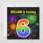Invitation Fun Fireworks + Rainbow Motif "6" Anniversaire # (Devant)