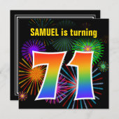 Invitation Fun Fireworks + Rainbow Motif "71" Anniversaire # (Devant / Derrière)