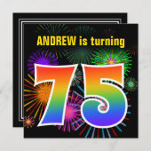 Invitation Fun Fireworks + Rainbow Motif "75" Anniversaire # (Devant / Derrière)