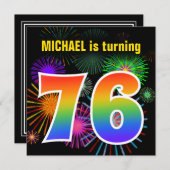Invitation Fun Fireworks + Rainbow Motif "76" Anniversaire # (Devant / Derrière)