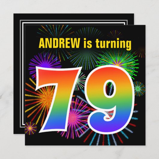 Invitation Fun Fireworks + Rainbow Motif "79" Anniversaire # (Devant / Derrière)