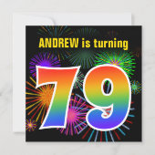 Invitation Fun Fireworks + Rainbow Motif "79" Anniversaire # (Devant)