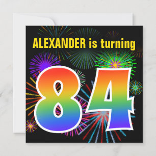 Invitation Fun Fireworks + Rainbow Motif "84" Anniversaire #