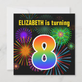 Invitation Fun Fireworks + Rainbow Motif "8" Anniversaire # (Devant)