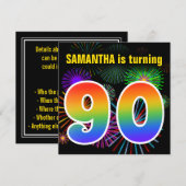 Invitation Fun Fireworks + Rainbow Motif "90" Anniversaire # (Devant / Derrière)