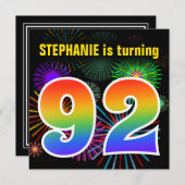 Invitation Fun Fireworks + Rainbow Motif "92" Anniversaire # (Devant / Derrière)