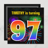Invitation Fun Fireworks + Rainbow Motif "97" Anniversaire # (Devant / Derrière)