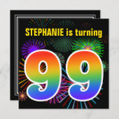 Invitation Fun Fireworks + Rainbow Motif "99" Anniversaire # (Devant / Derrière)