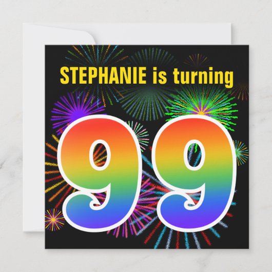 Invitation Fun Fireworks + Rainbow Motif "99" Anniversaire # (Devant)