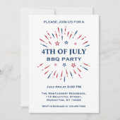 Invitation Fun Fireworks Rouge Blanc Bleu 4 juillet BBQ (Devant)