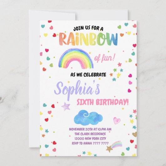 Invitation Fun Fun Girl Rainbow Birthday Party Pastel Confett (Devant)
