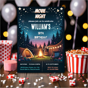 Invitation fun garçon Camping Popcorn Movie Nuit 13e annivers
