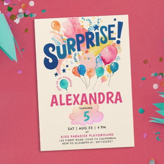 Invitation Fun Girly Colorful Surprise Anniversaire de balon