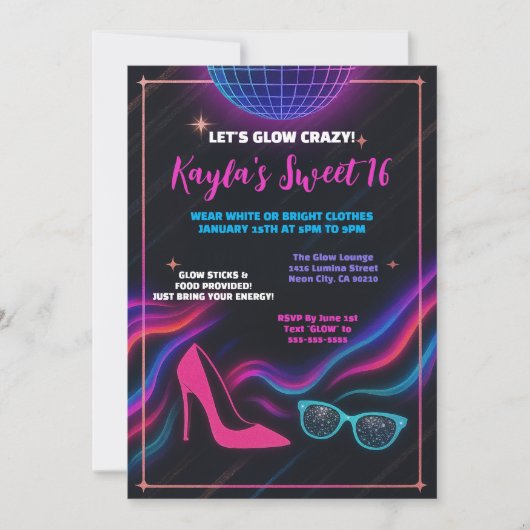 Invitation Fun Girly Glow in the Dark Sweet 16 Party (Devant)