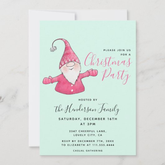 Invitation Fun Gnome Custom Mint Vert et rose Noël (Devant)