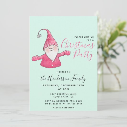 Invitation Fun Gnome Custom Mint Vert et rose Noël (Debout devant)