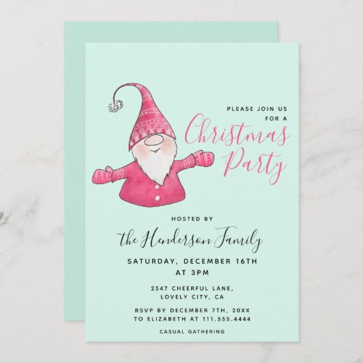 Invitation Fun Gnome Custom Mint Vert et rose Noël (Devant / Derrière)