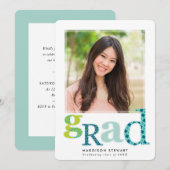 Invitation FUN GRAD chic photo typographie moderne vert bleu (Devant / Derrière)