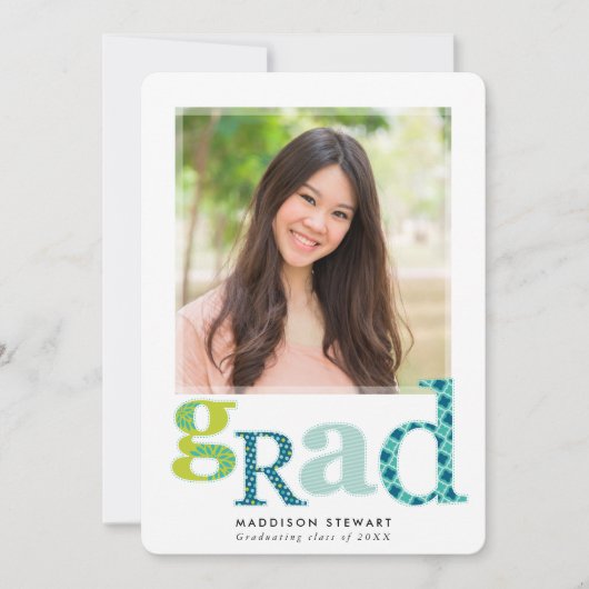 Invitation FUN GRAD chic photo typographie moderne vert bleu (Devant)