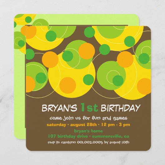 Invitation Fun Green Bubbly Dots Photo Boy 1er Anniversaire (Devant / Derrière)