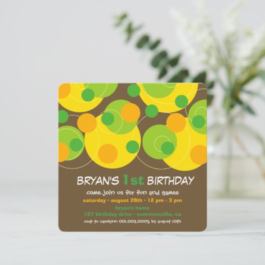 Invitation Fun Green Bubbly Dots Photo Boy 1er Anniversaire (Debout devant)