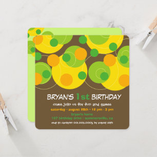 Invitation Fun Green Bubbly Dots Photo Boy 1er Anniversaire