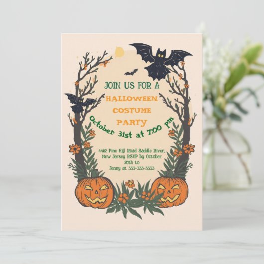 Invitation Fun Halloween with Pumpkins, Bats & Autumn Trees  (Debout devant)