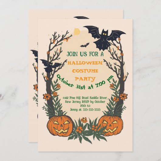 Invitation Fun Halloween with Pumpkins, Bats & Autumn Trees  (Devant / Derrière)