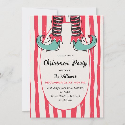 Invitation Fun Hand Drawn Elf Sock Christmas Party (Devant)