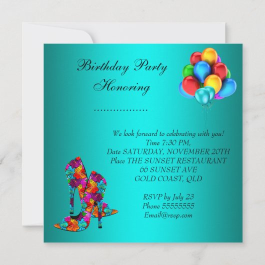 Invitation FUN High Heel Chaussures Balloons de fête d'annive (Dos)