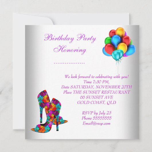 Invitation FUN High Heel Chaussures Balloons de fête d'annive (Dos)