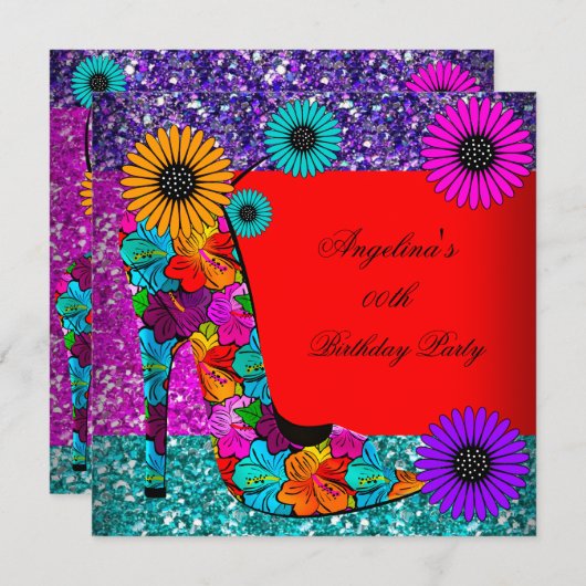 Invitation FUN High Heel Chaussures Fleurs d'anniversaire (Devant / Derrière)