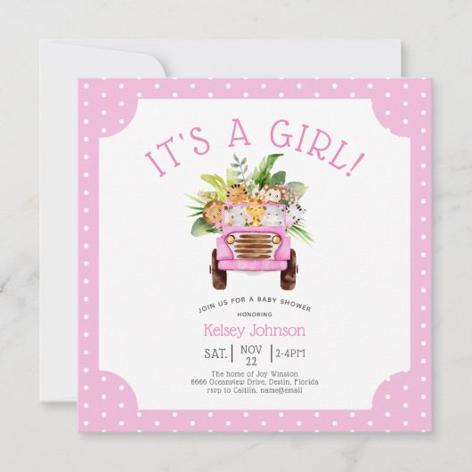 Invitation Fun Jungle Safari C'est une fille Baby shower rose (Devant)